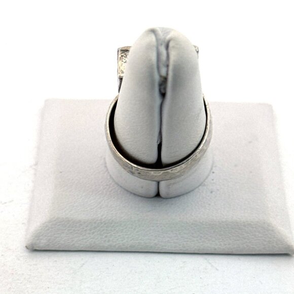 Estate Sterling Silver 925 Hammered Band Blue Rectangular Gemstone Ring Size 8 - Picture 3 of 8